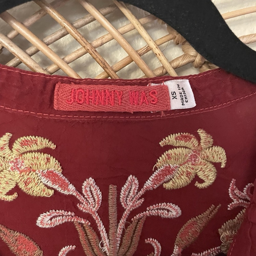 Johnny Was Wine Red Floral Embroidered V-Neck Blouse - Picture 6 of 13